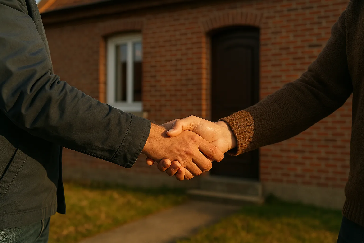 Poignee de main scellant un accord devant une maison en brique du Nord