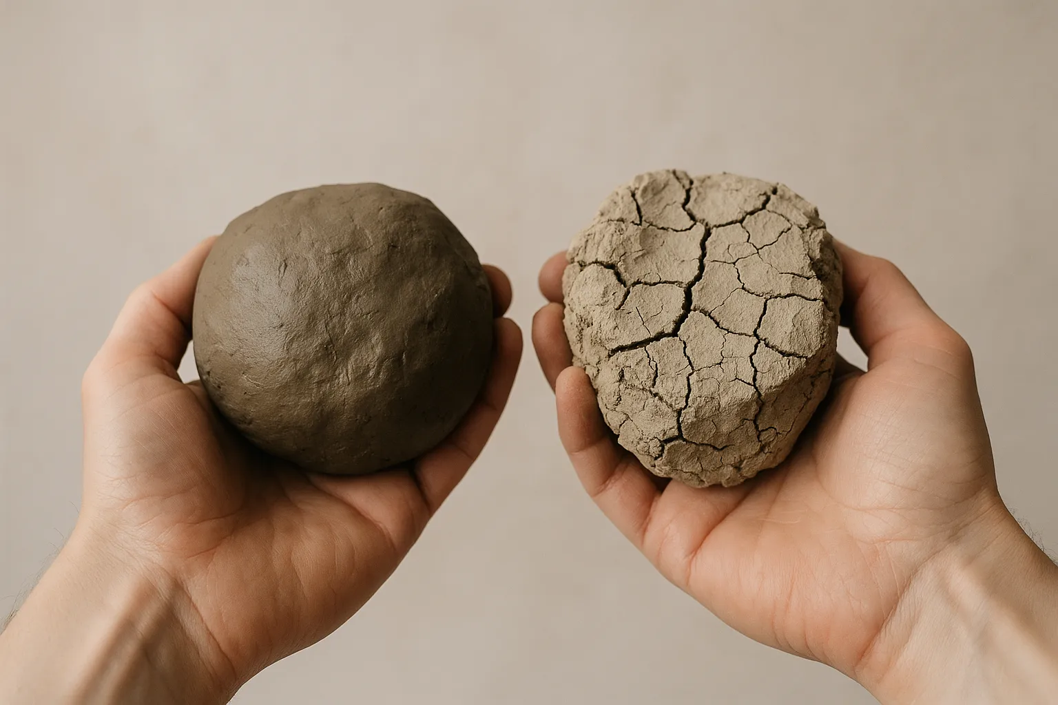 Comparaison entre une argile humide et une argile sechee craquelee
