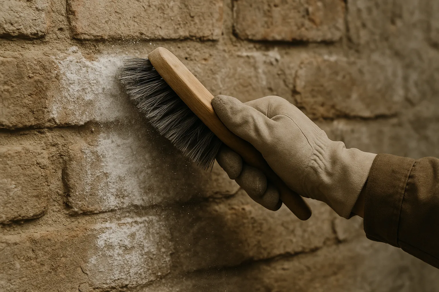 Brossage de depots de salpetre sur un mur ancien