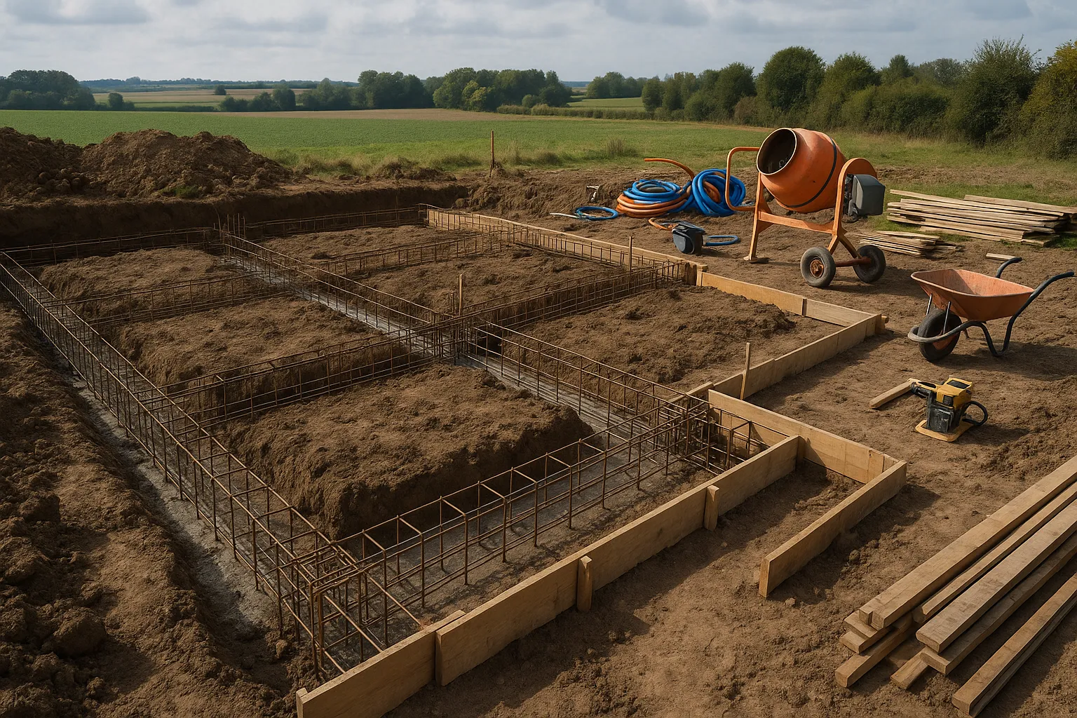 Fondations en cours avec ferraillage sur un chantier de maison individuelle