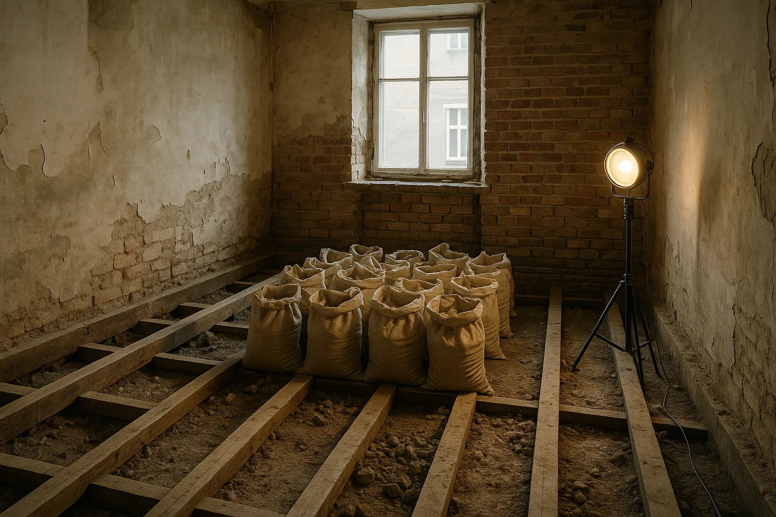Chantier de traitement avec plancher depose et maconnerie mise a nu