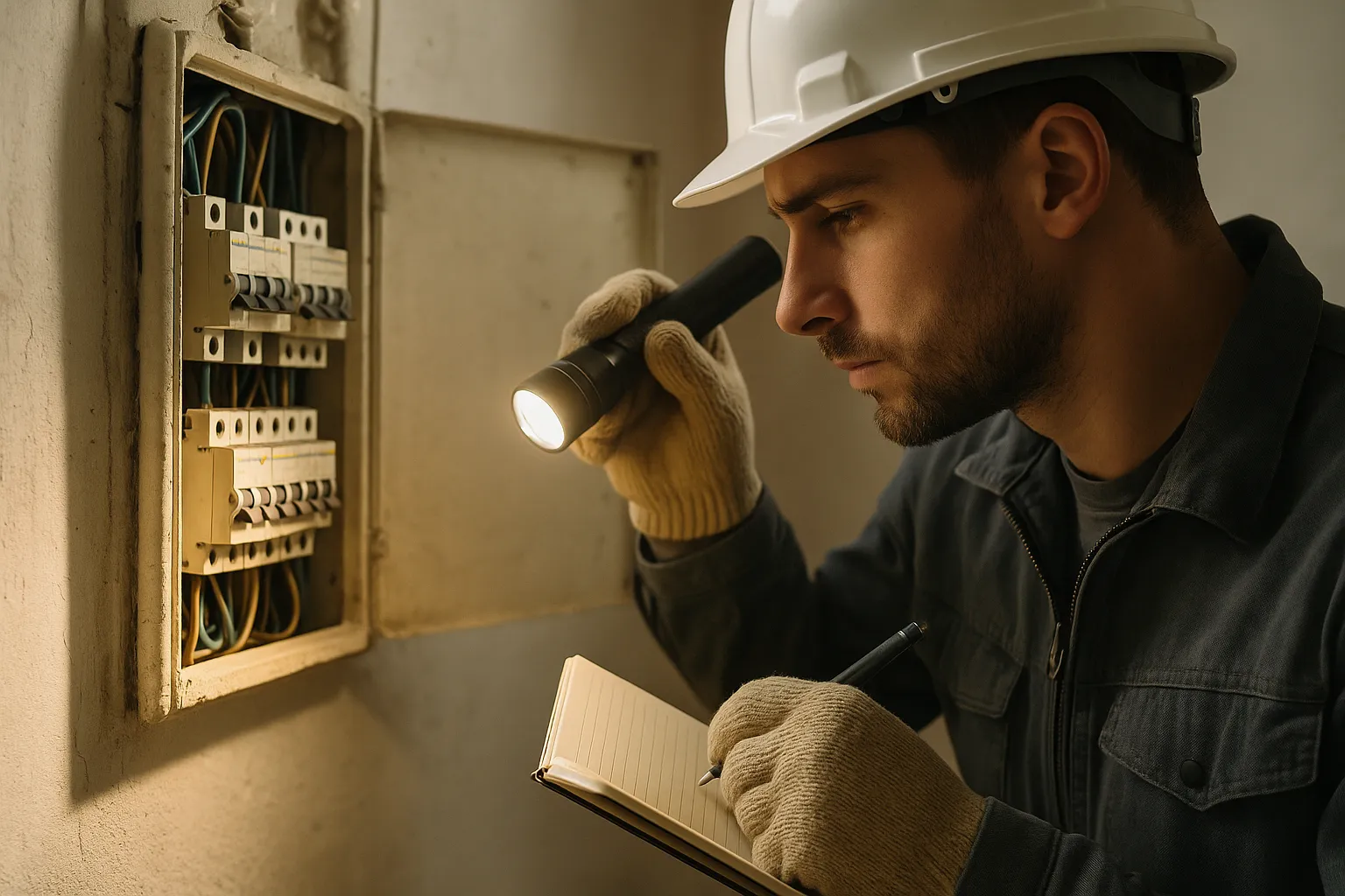 Expert examinant un tableau electrique ancien