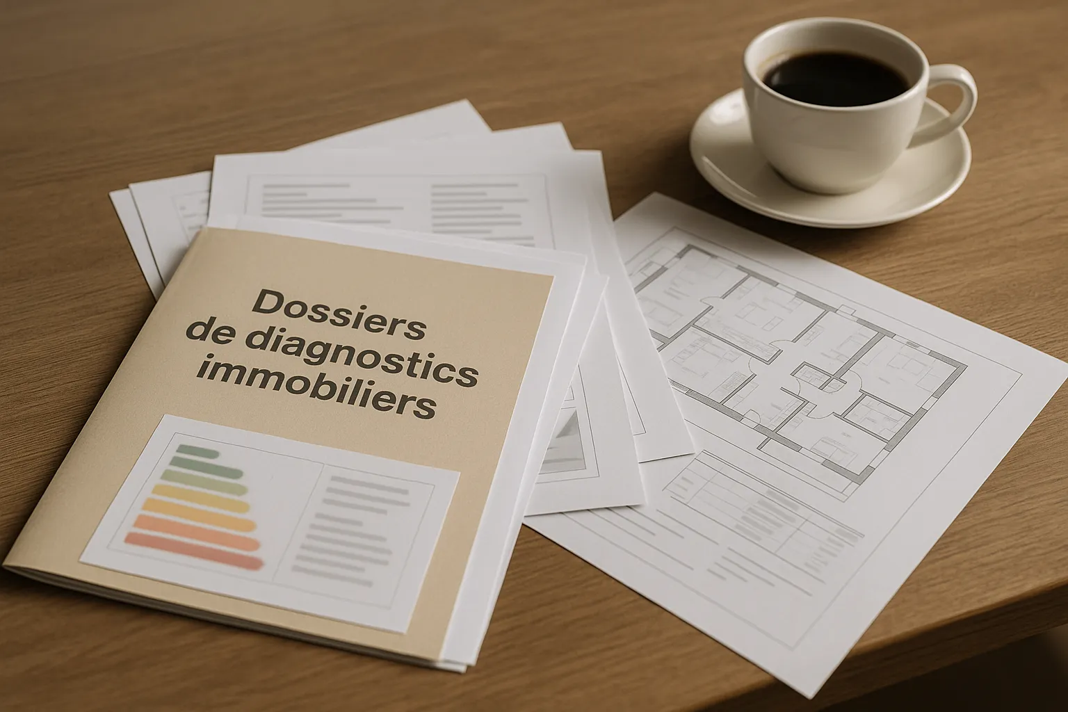 Diagnostics et documents du bien etales sur une table