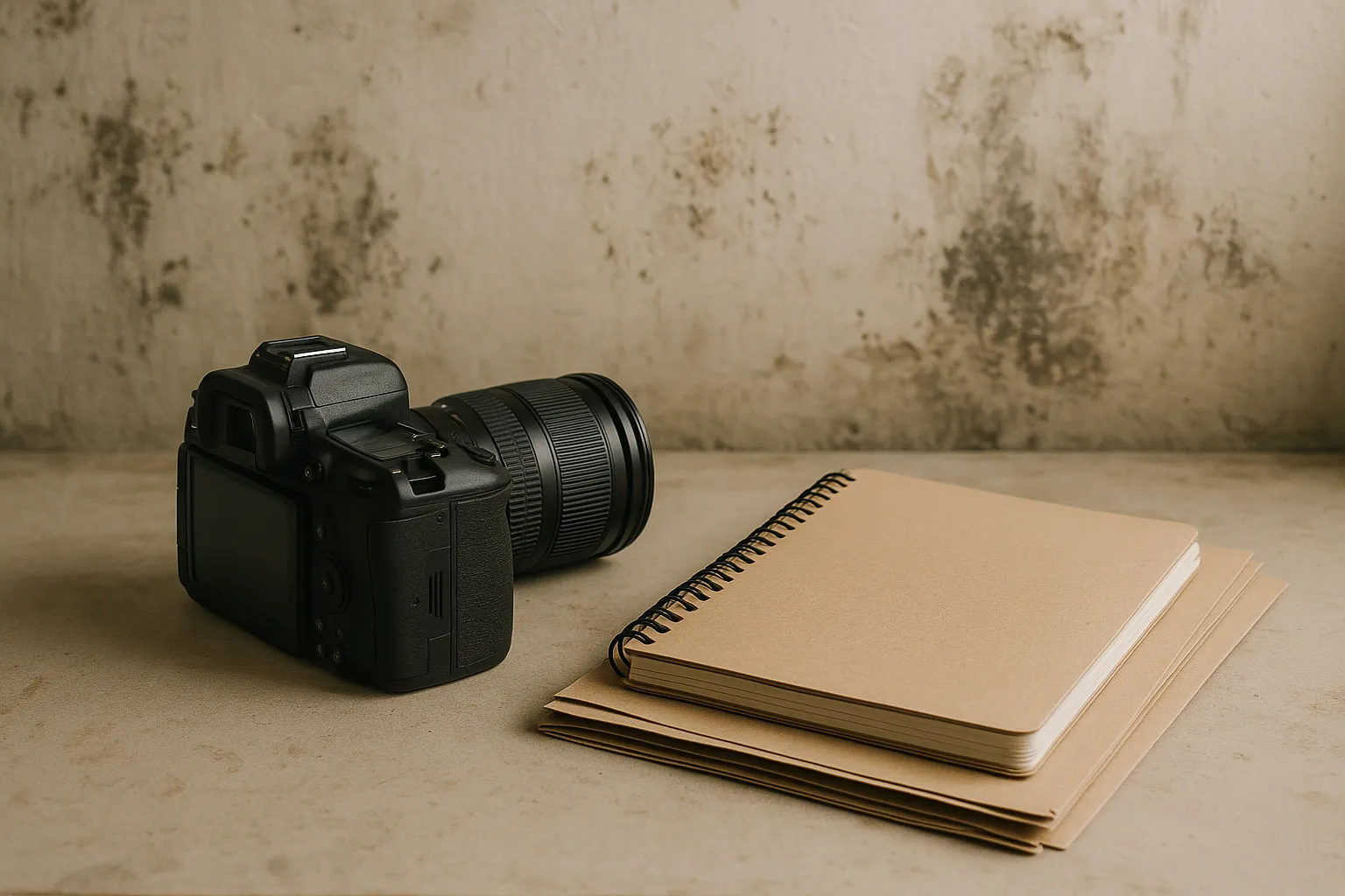 Appareil photo et carnet devant un mur marque par l humidite