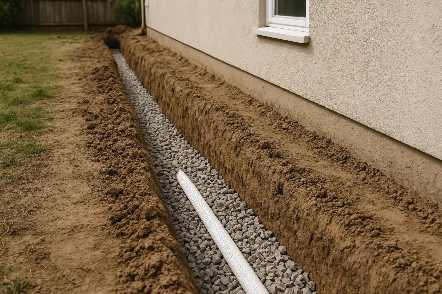 Tranchee de drainage le long de la facade d une maison