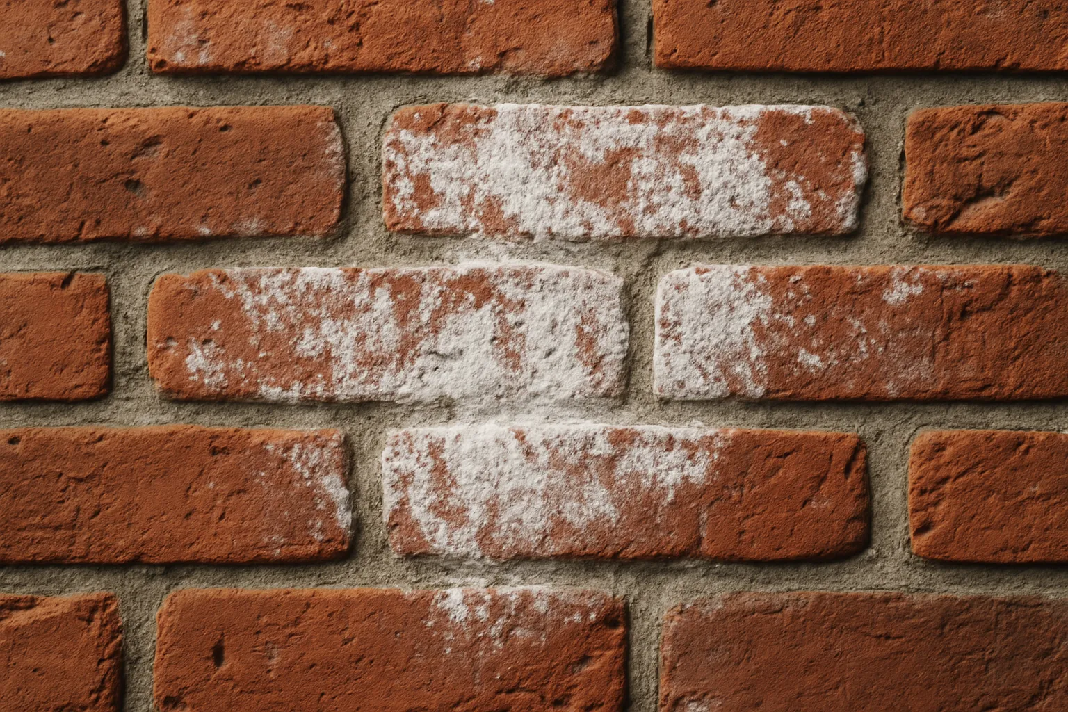 Efflorescences blanches sur un mur de briques