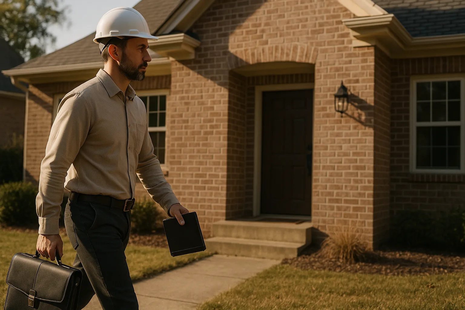 Expert en batiment arrivant devant une maison pour une expertise