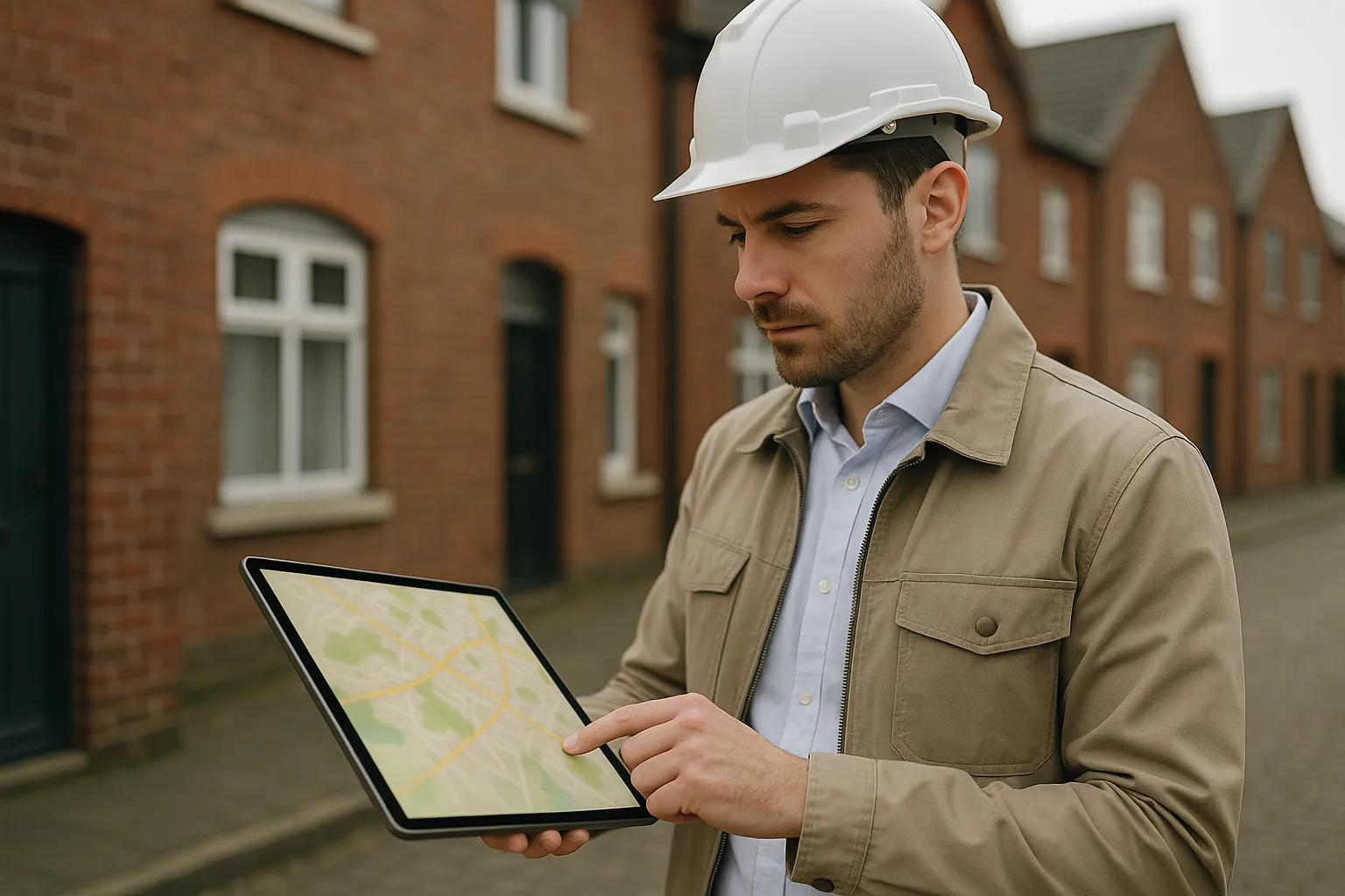 Expert consultant une carte des aleas sur tablette devant des maisons