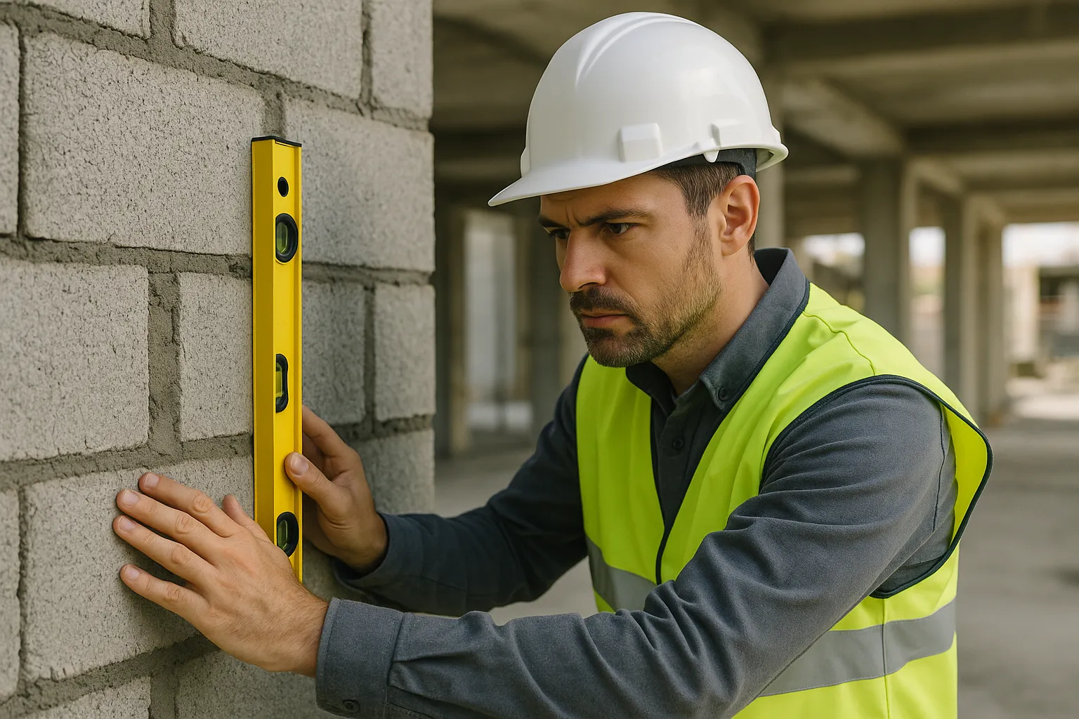 Expert batiment controlant l aplomb d un mur lors d un constat de chantier