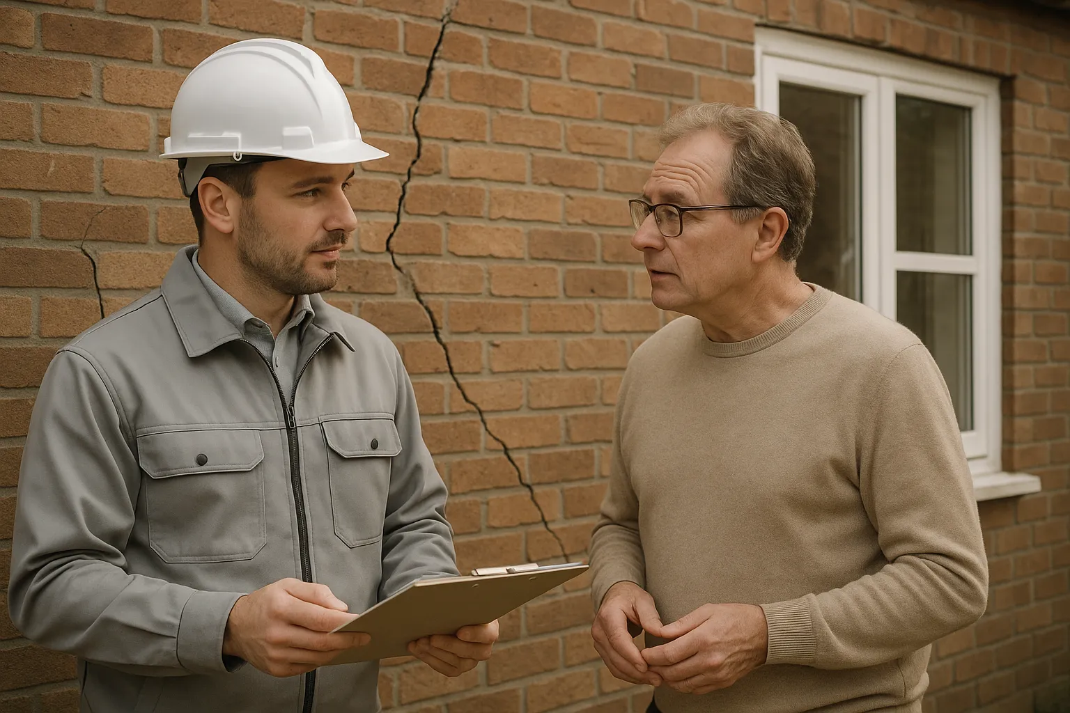 Expert en batiment et proprietaire echangeant devant une facade fissuree