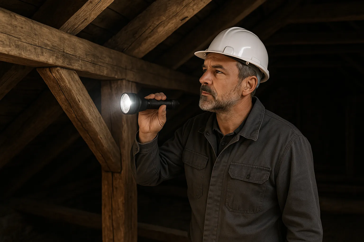 Expert inspectant une charpente dans des combles