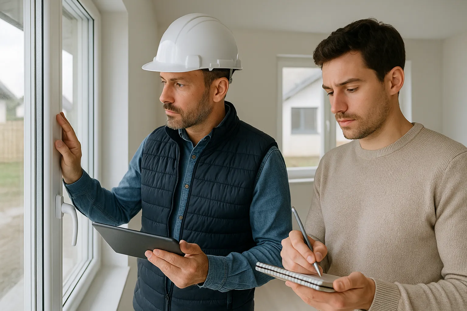 Expert batiment inspectant une menuiserie lors de la reception