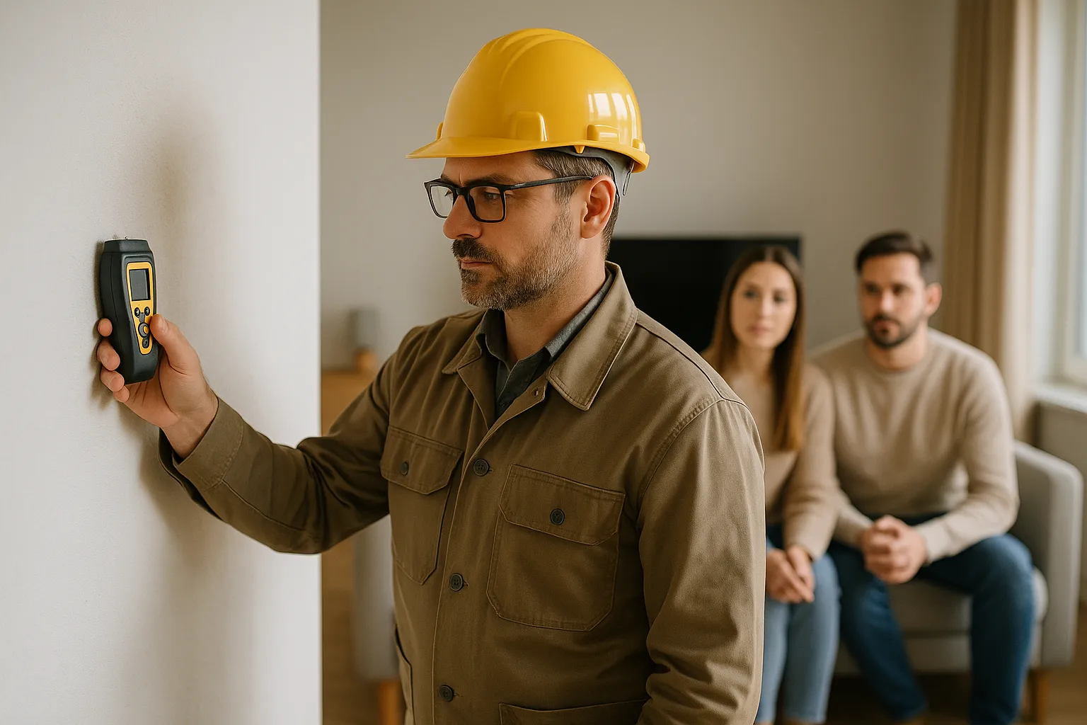Expert mesurant l humidite d un mur devant les proprietaires