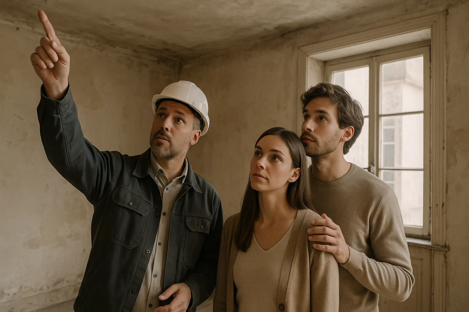 Expert montrant un point du plafond a un couple d acheteurs