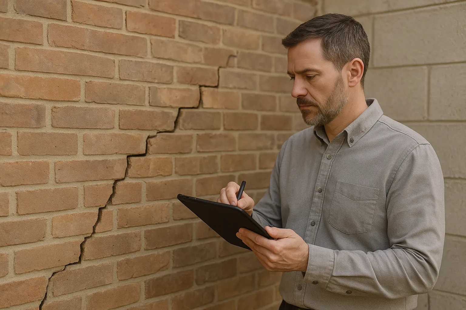 Expert en batiment prenant des notes devant un mur fissure