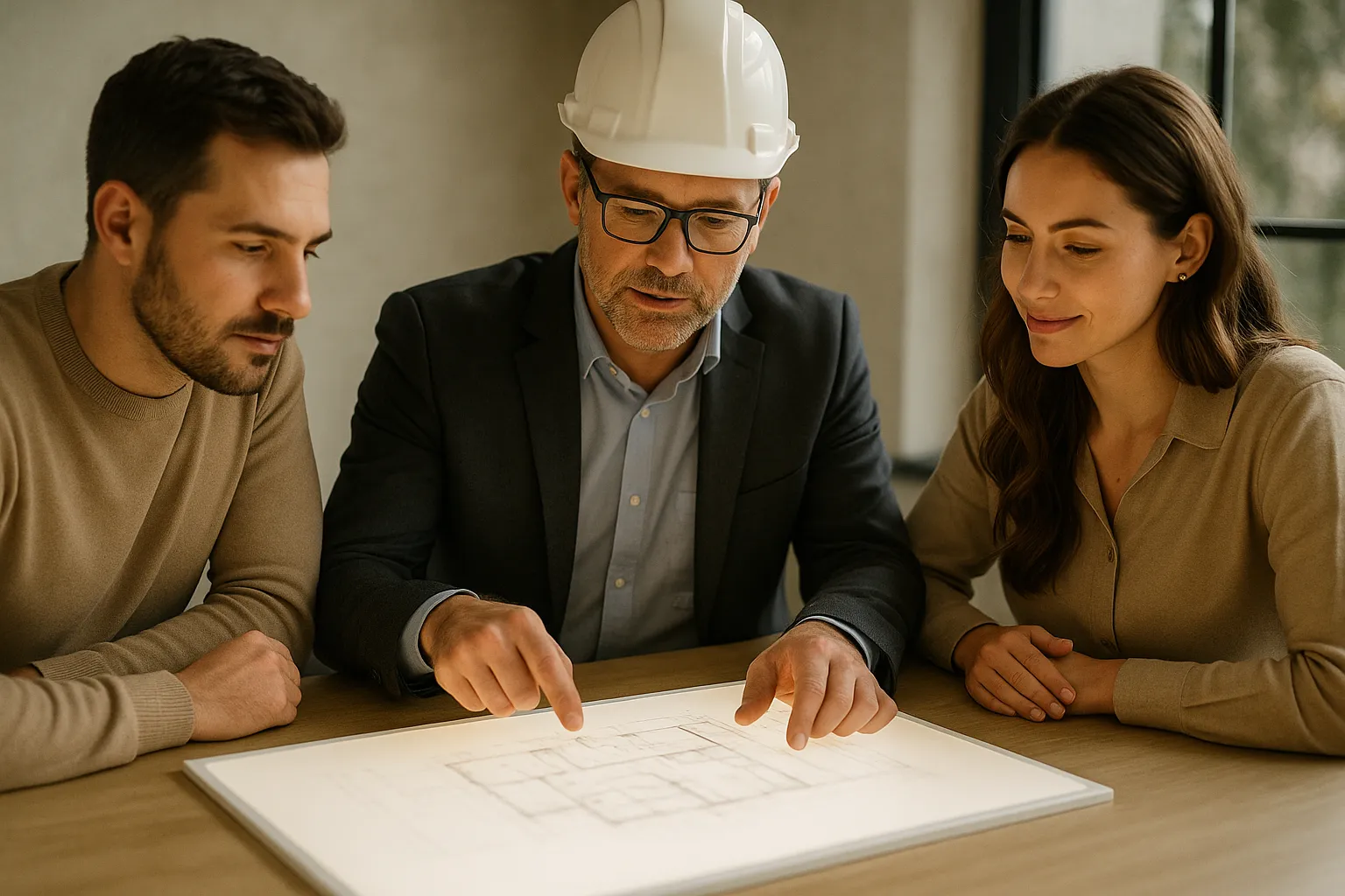 Expert presentant un plan de zonage a des proprietaires