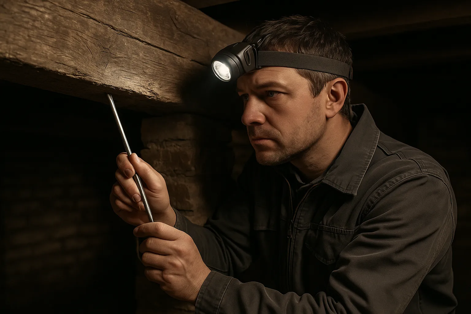 Expert sondant une poutre en bois dans une cave