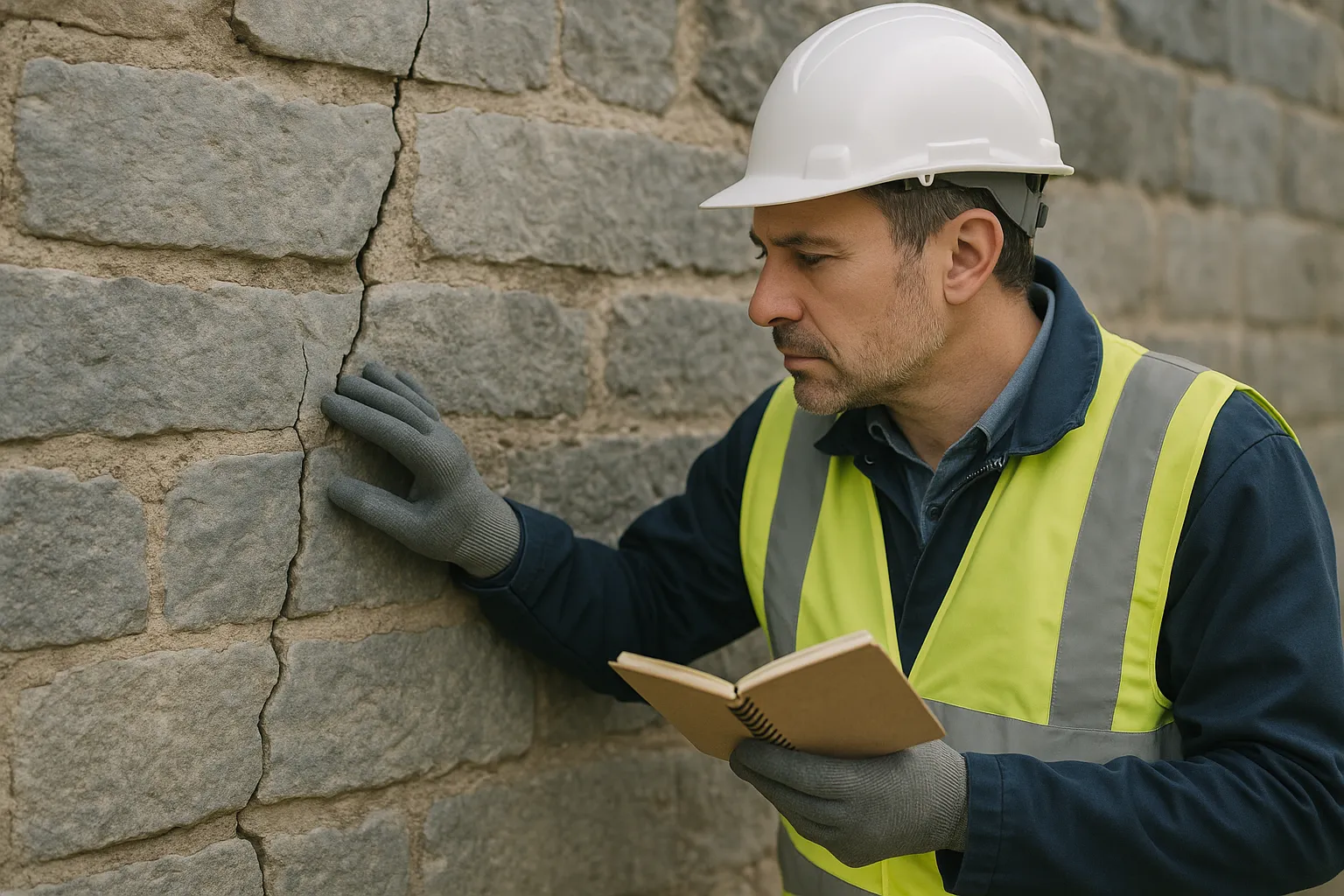 Expert en batiment examinant une fissure sur un mur en pierre bleue a Bavay