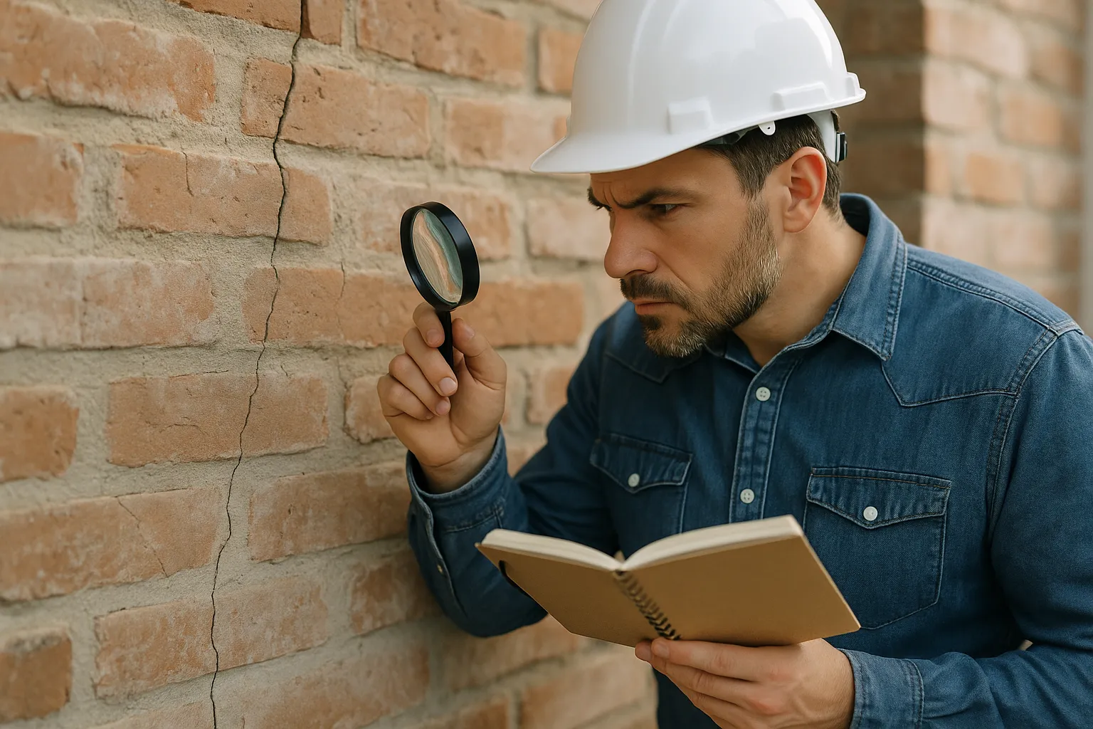 Expert en batiment examinant une fissure a la loupe sur un mur en brique a Caudry