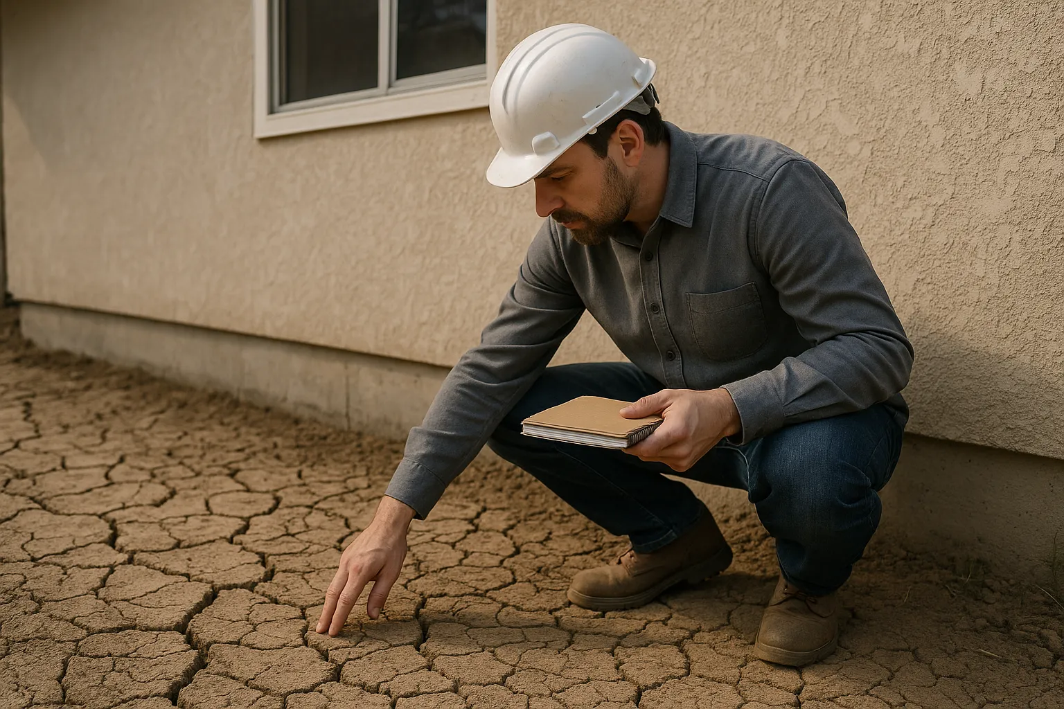Expert en batiment examinant un sol argileux craquele au pied d une maison a Croix