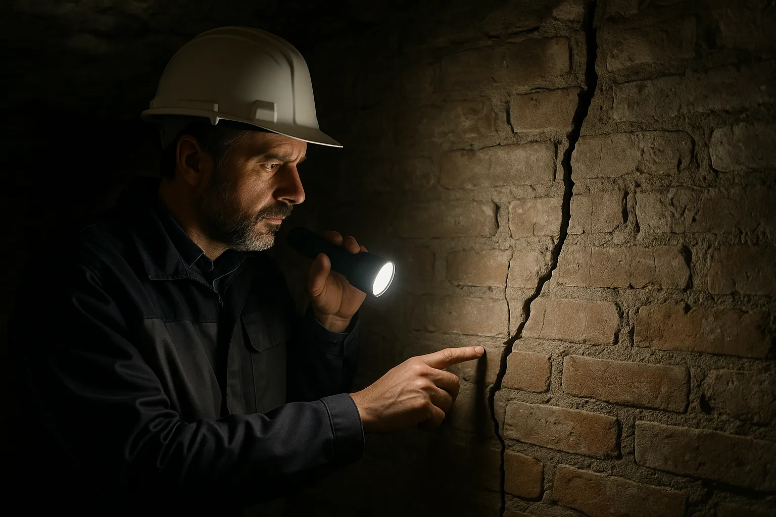 Expert en batiment examinant une fissure dans une cave ancienne a Loos