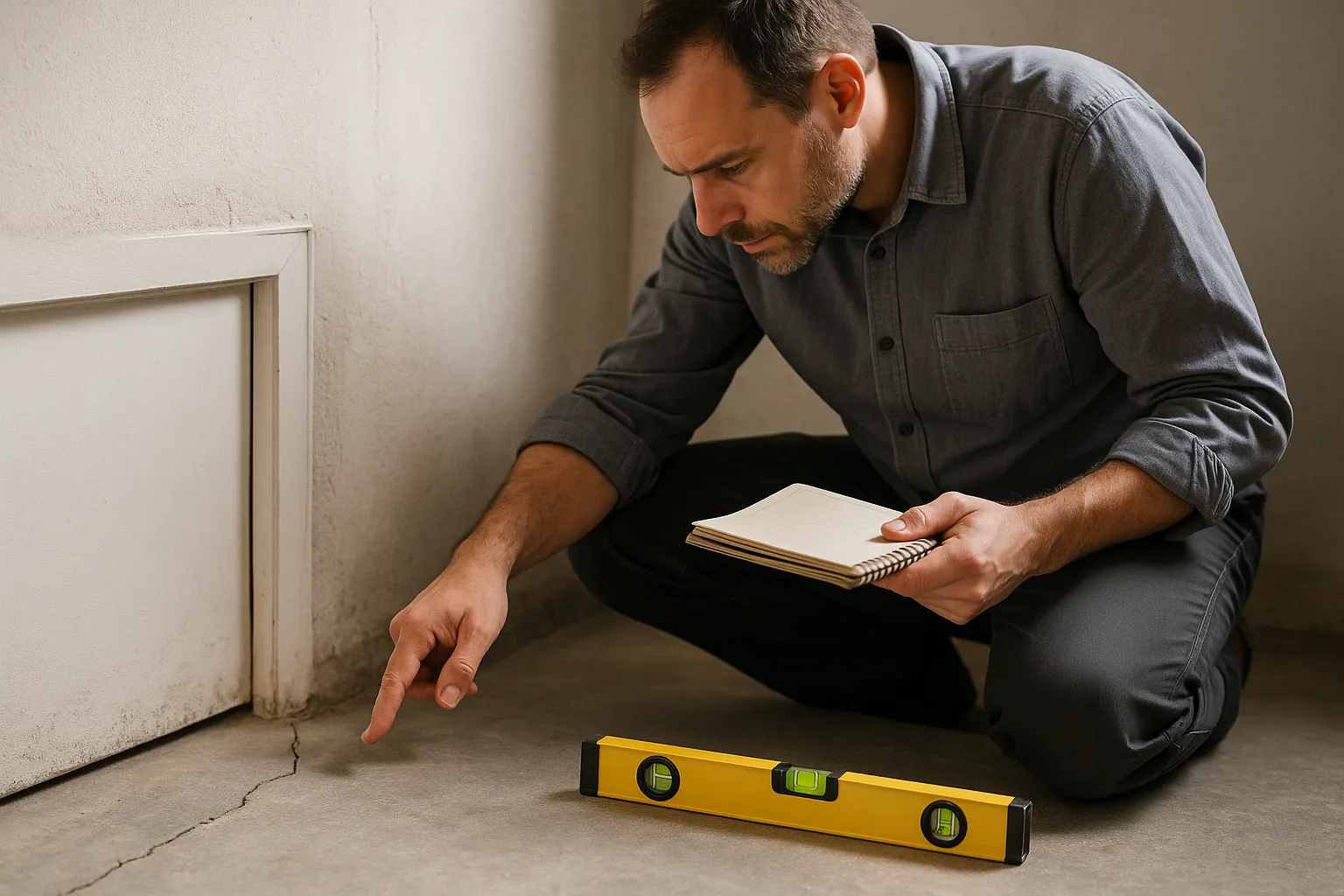 Expert en batiment examinant une fissure au niveau du plancher et du seuil a Ronchin