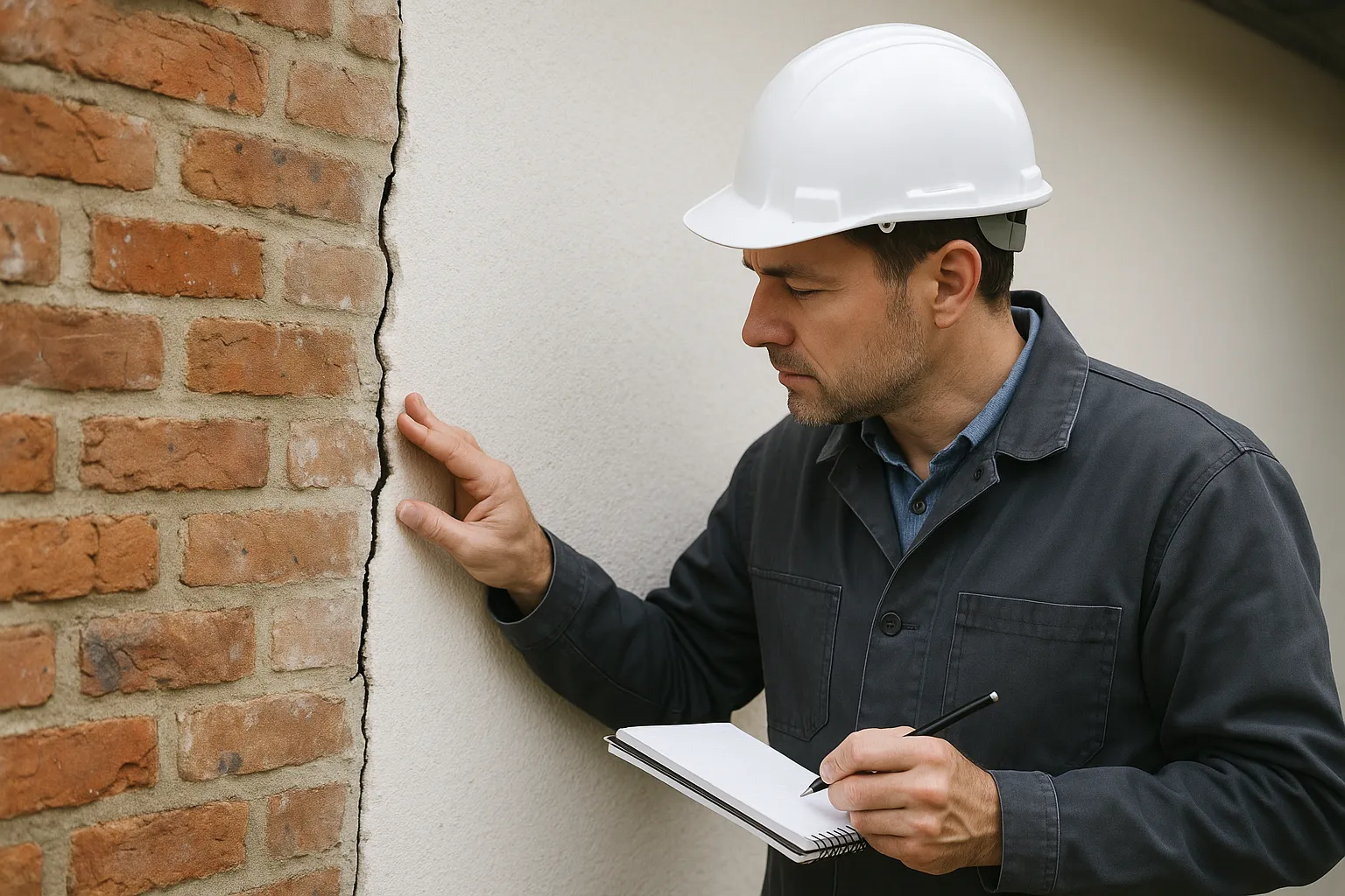 Expert en batiment examinant une fissure a la jonction d une extension recente a Wasquehal
