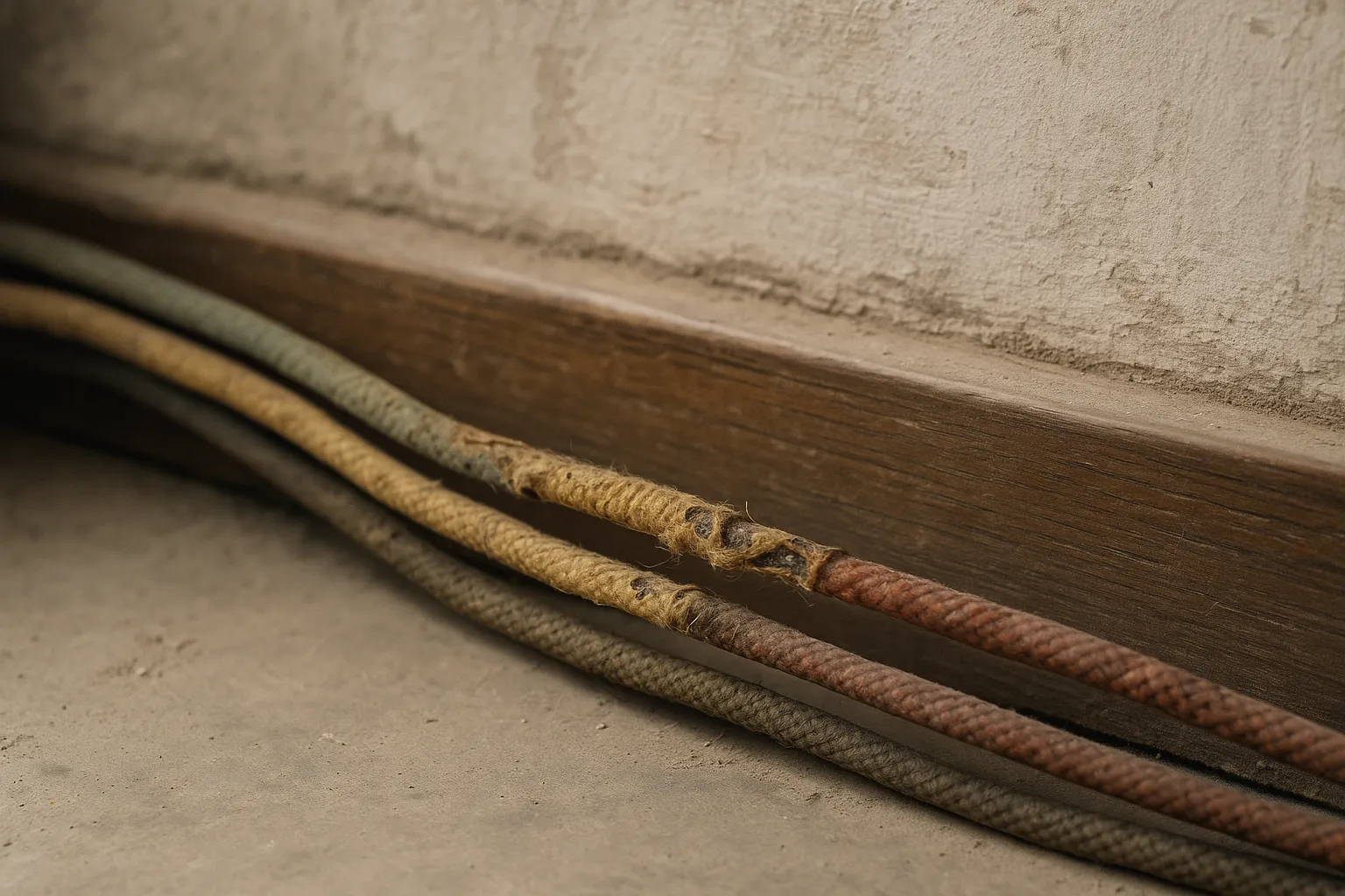 Anciens fils electriques sous tissu le long d une plinthe
