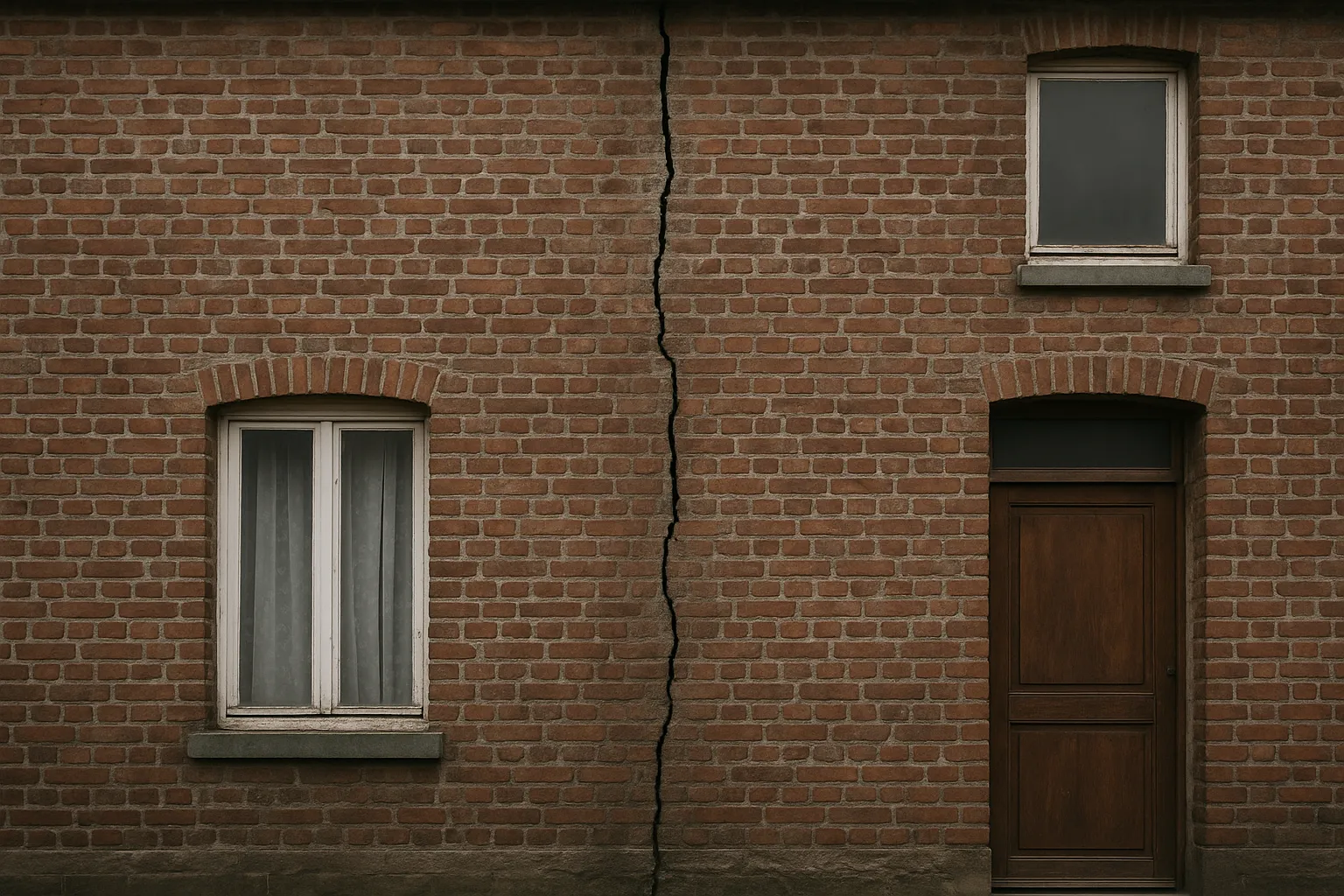 Fissure verticale sur la facade en brique d une maison ouvriere de la vallee de la Sambre a Hautmont dans le Nord