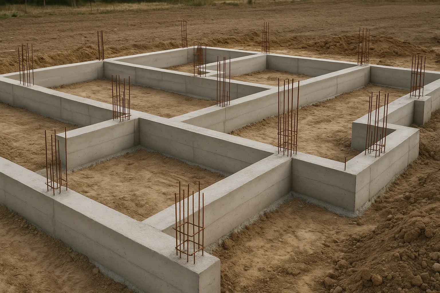 Fondations en beton d une maison individuelle en construction