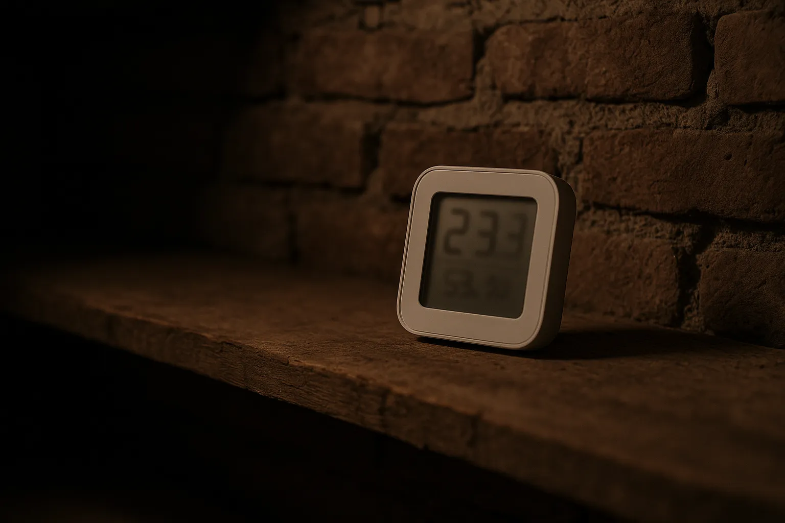 Hygrometre pose sur une etagere de cave
