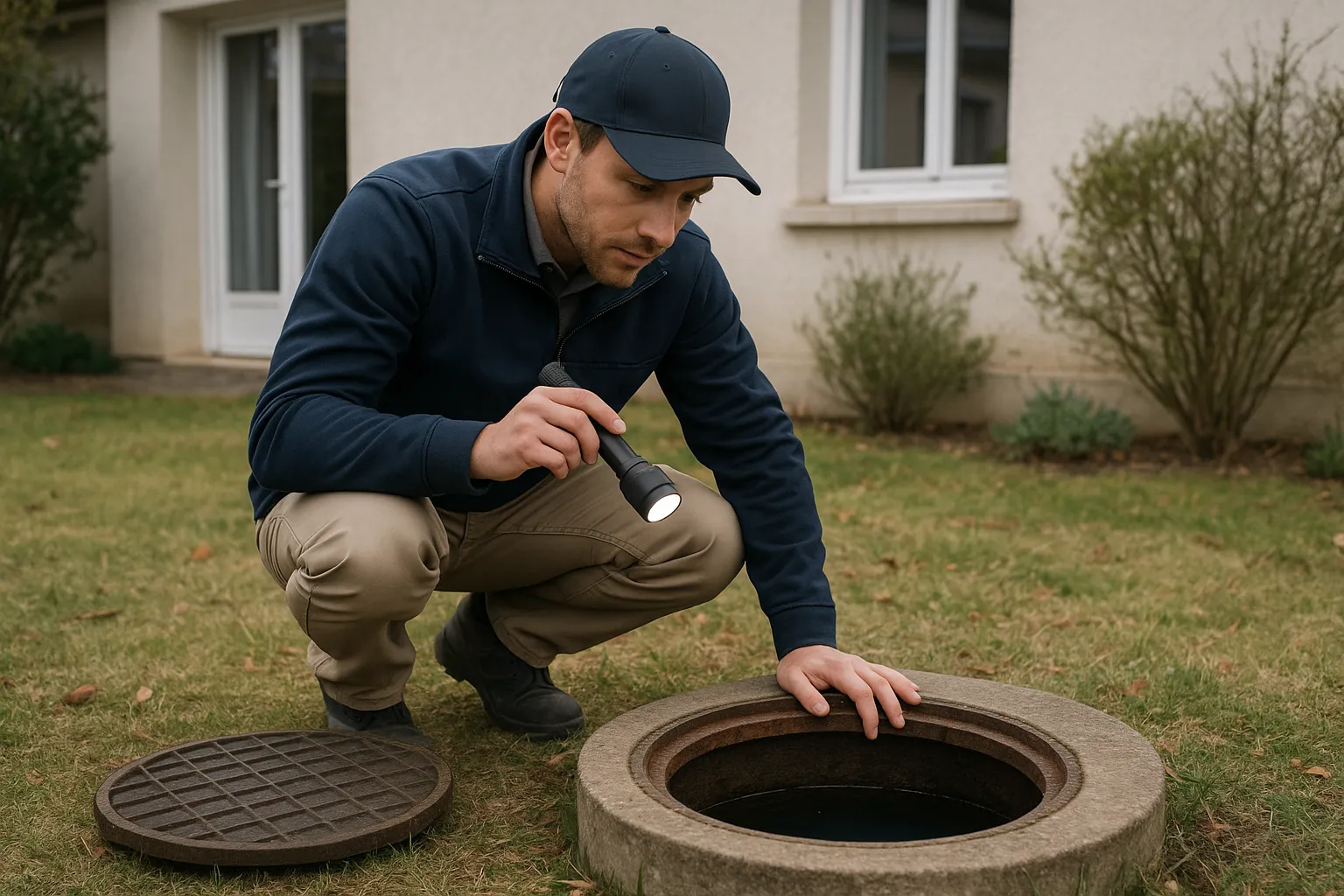 Technicien inspectant un regard de canalisation enterree