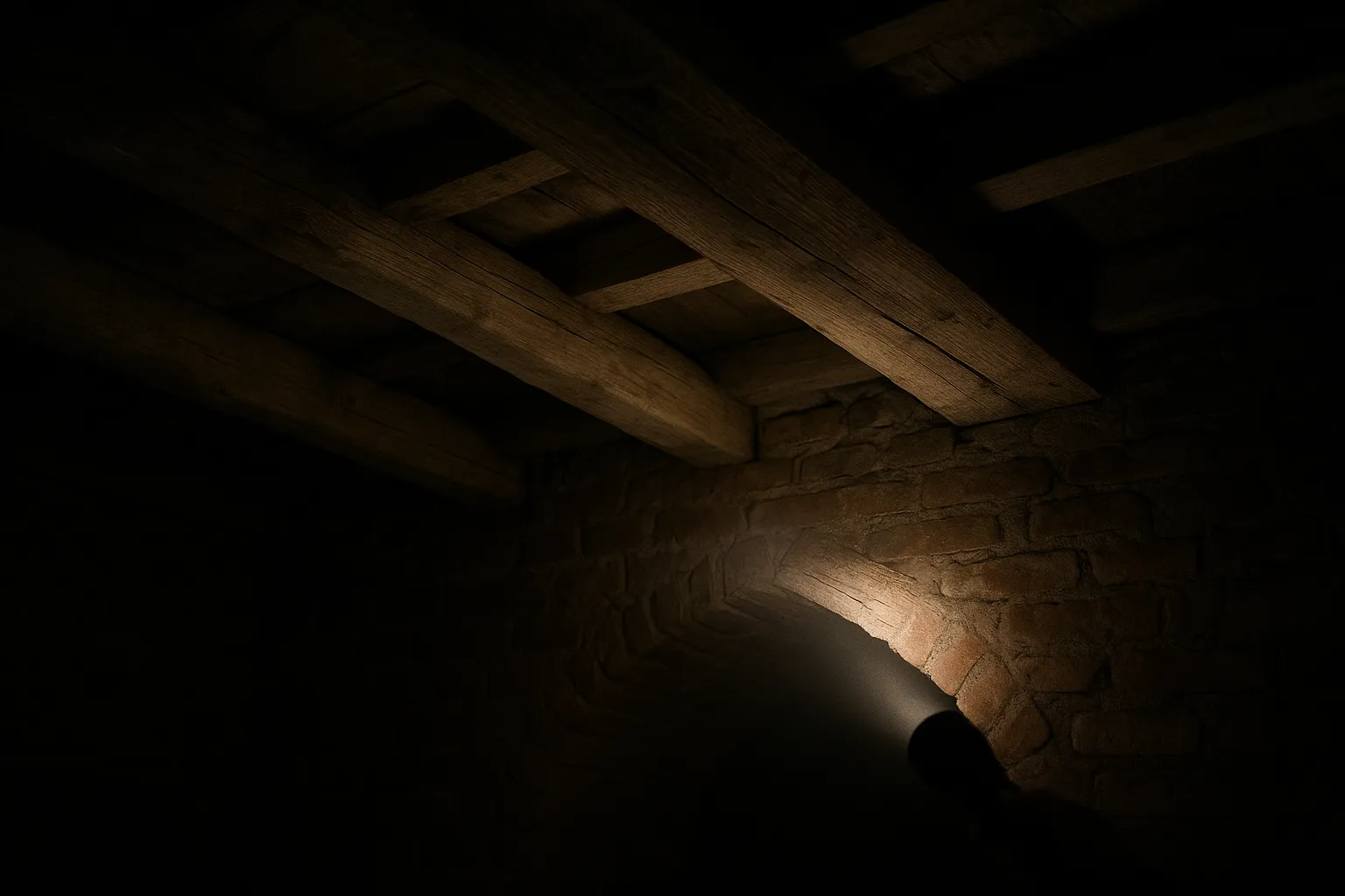 Lampe torche eclairant les solives d une cave ancienne