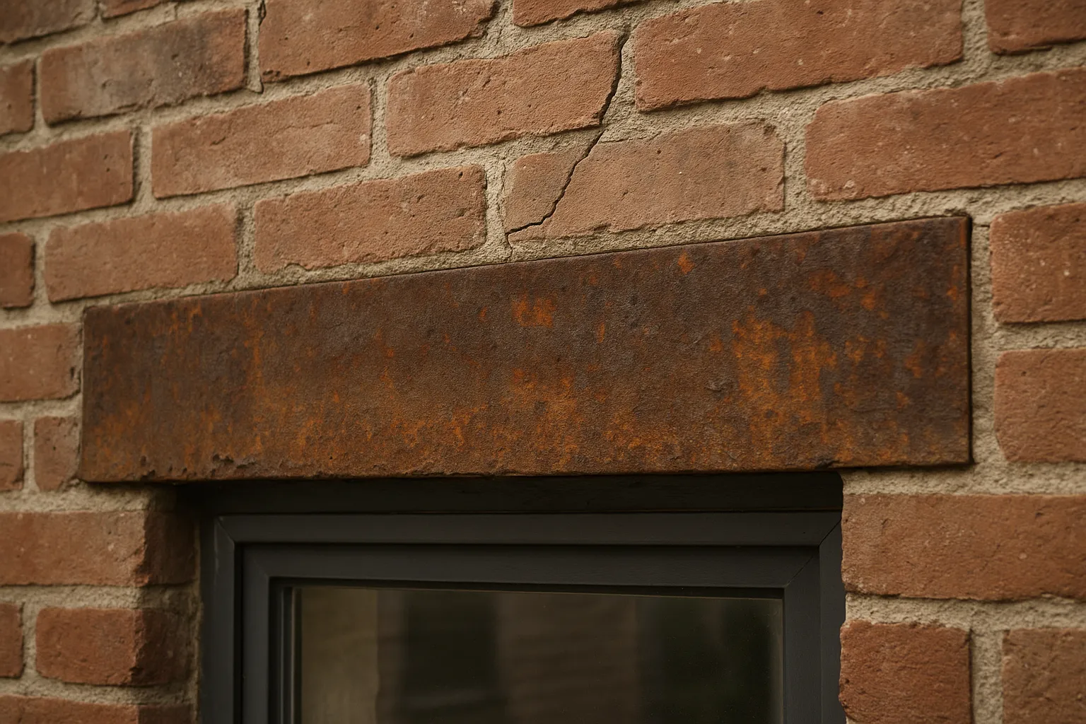 Linteau metallique corrode au dessus d une fenetre en briques