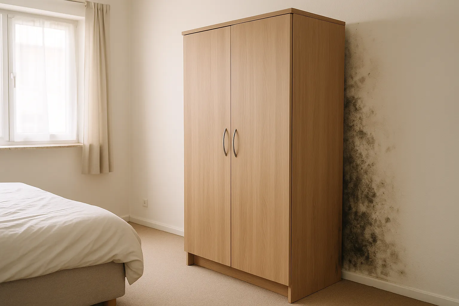 Moisissures revelees derriere une armoire collee au mur