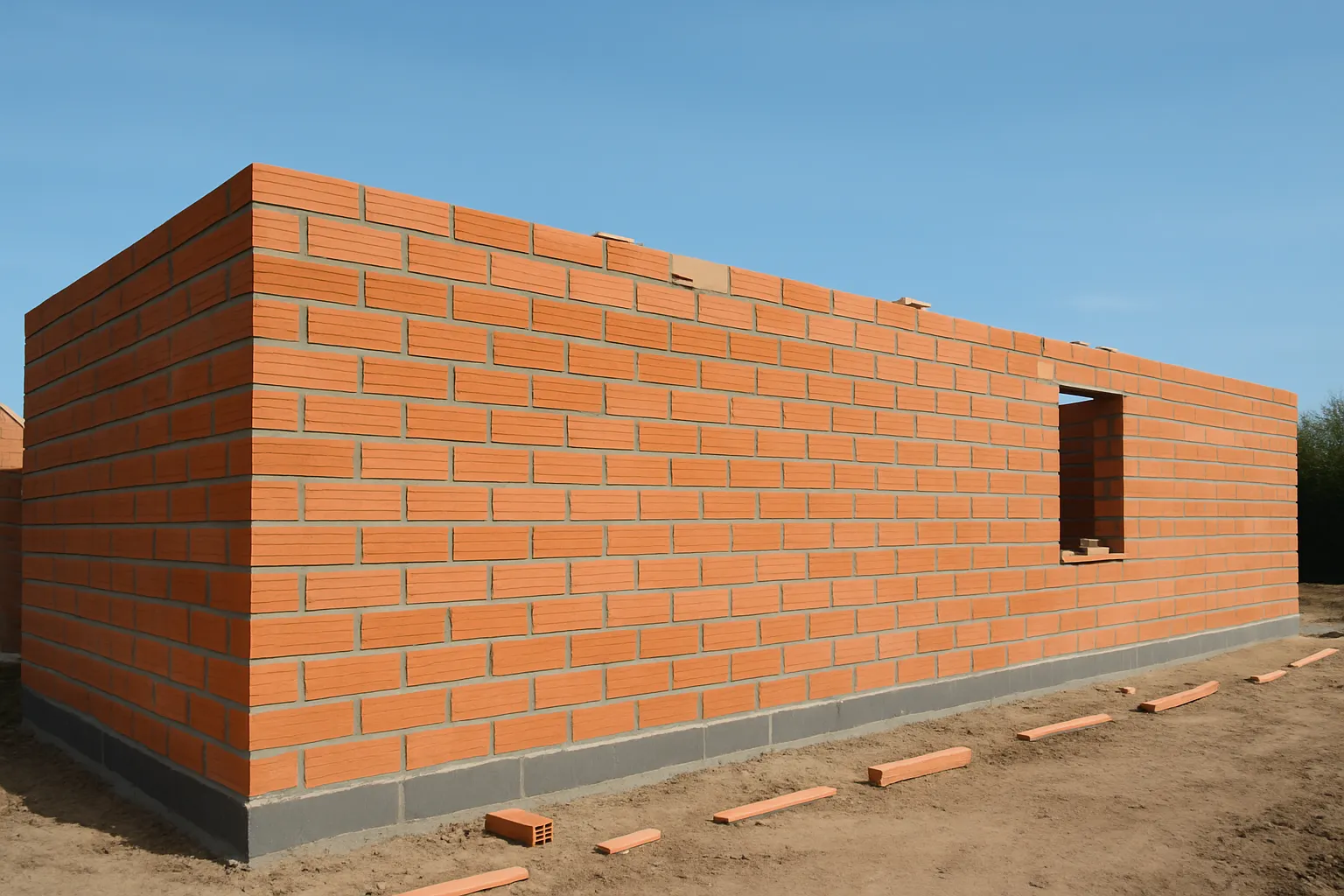 Murs en briques en cours d elevation sur un chantier de maison individuelle
