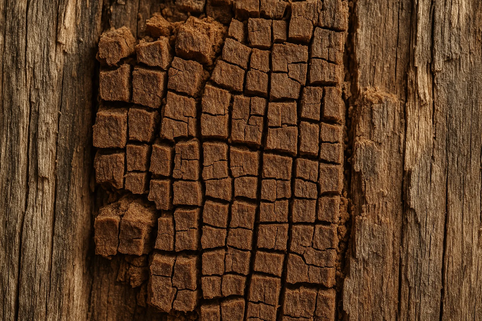 Bois attaque par une pourriture cubique brune