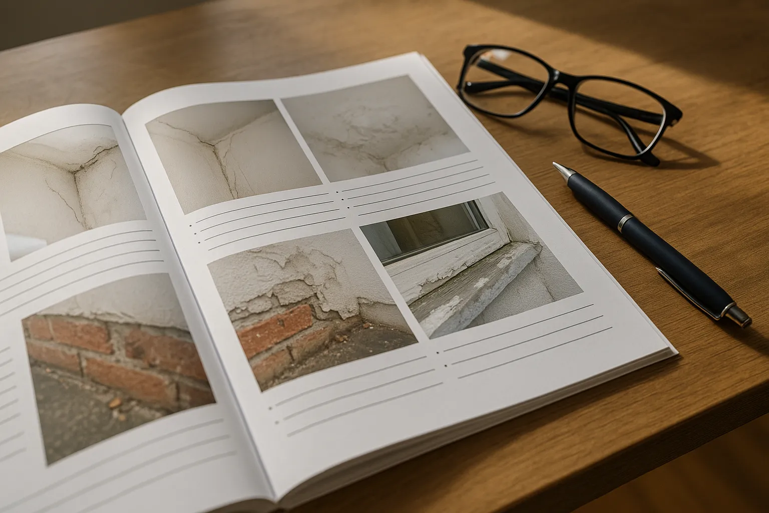 Rapport d expertise batiment ouvert sur une table avec photos et annotations