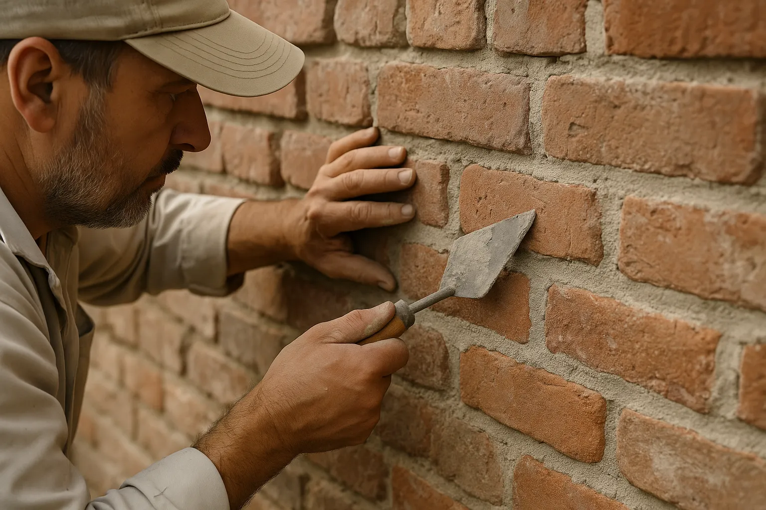 Artisan rejointoyant un mur de briques au mortier de chaux