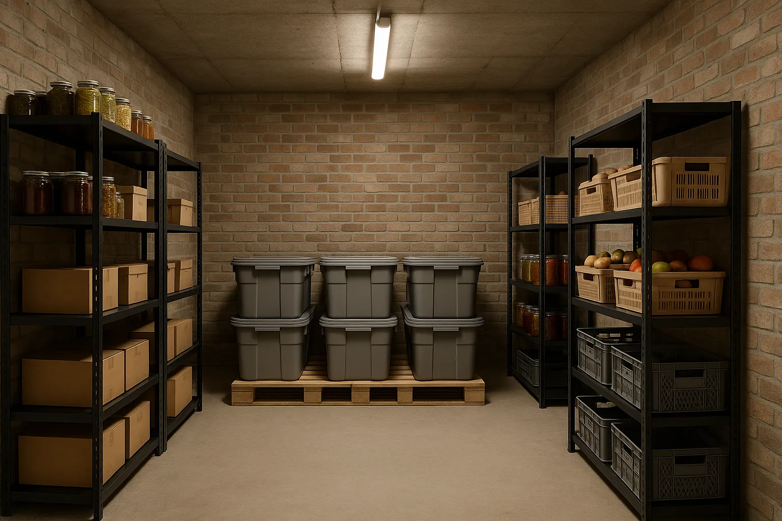 Cave rangee avec stockage sureleve sur etageres et palettes