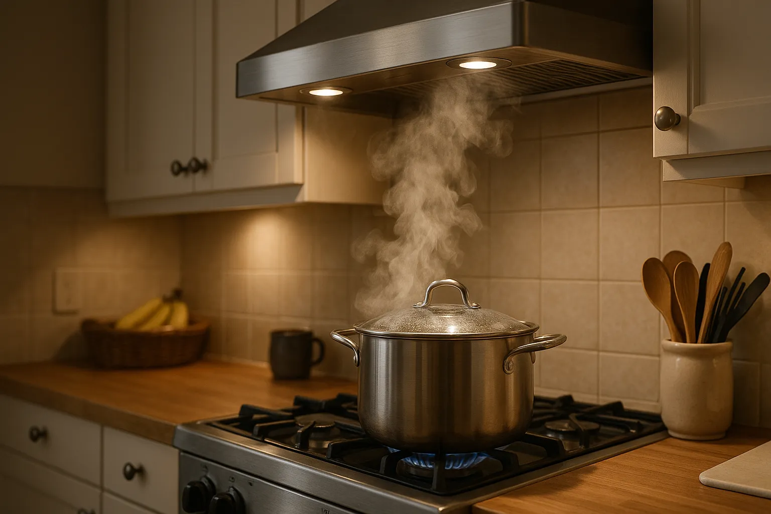 Vapeur de cuisson aspiree par une hotte de cuisine